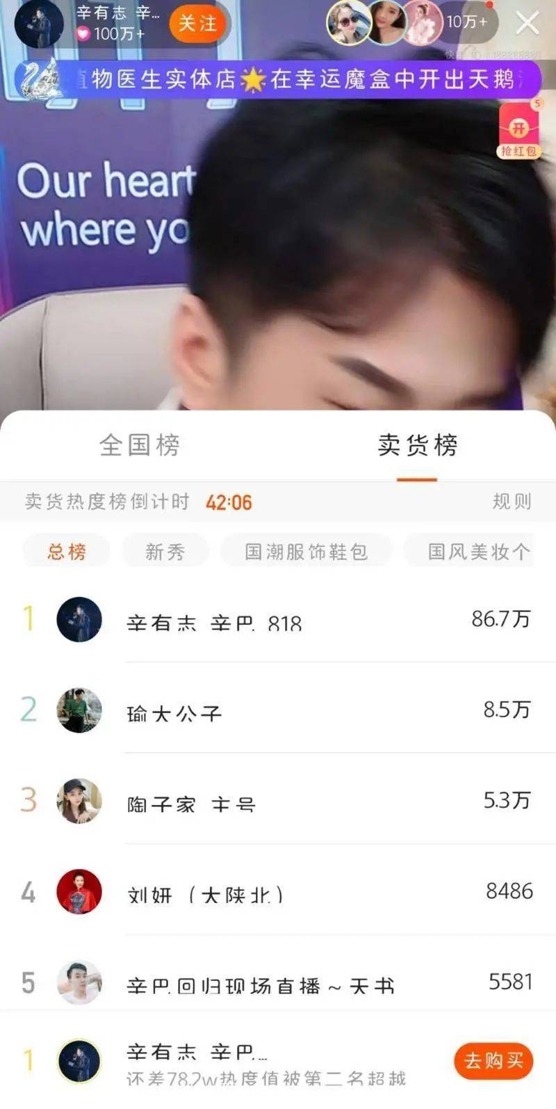 辛巴开播后的直播销售热度榜.图片来自于快手截图