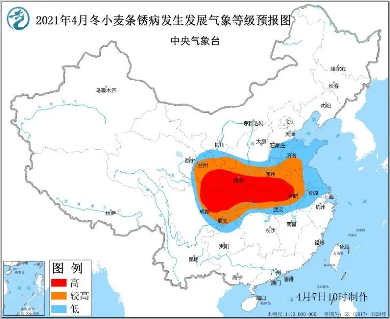 附图2021年4月冬小麦条锈病发生发展气象等级预报图