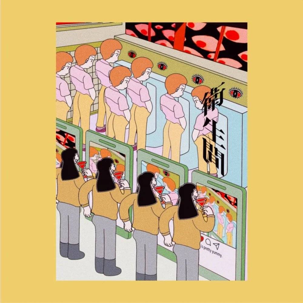 艺术家费明节创作的漫画：男厕所外，女人手拿红酒杯欣赏男人站着撒尿