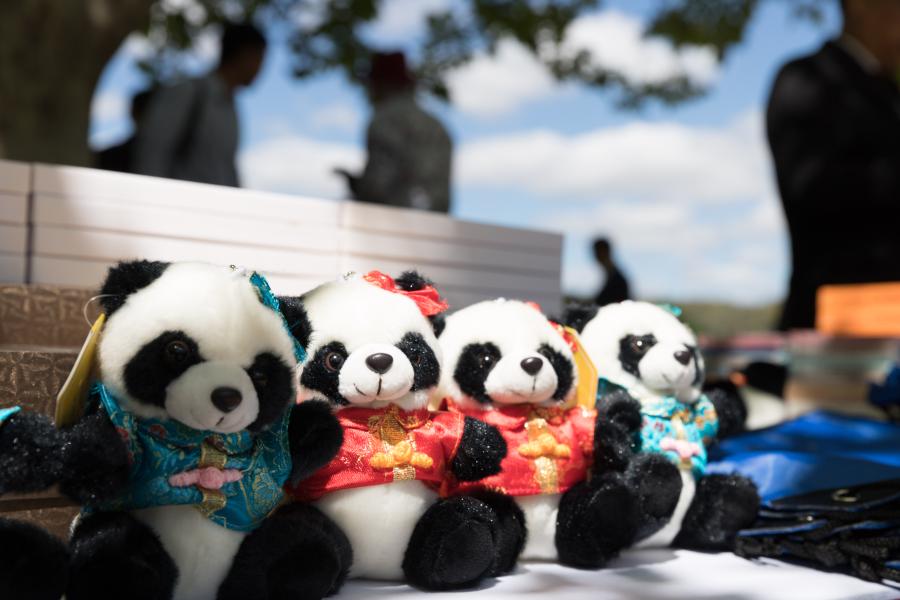 Photo taken on Nov. 18, 2020 shows panda toys during a "Tree of Friendship" planting ceremony in Canberra, Australia, Nov. 18, 2020. (Photo by Liu Changchang/Xinhua)