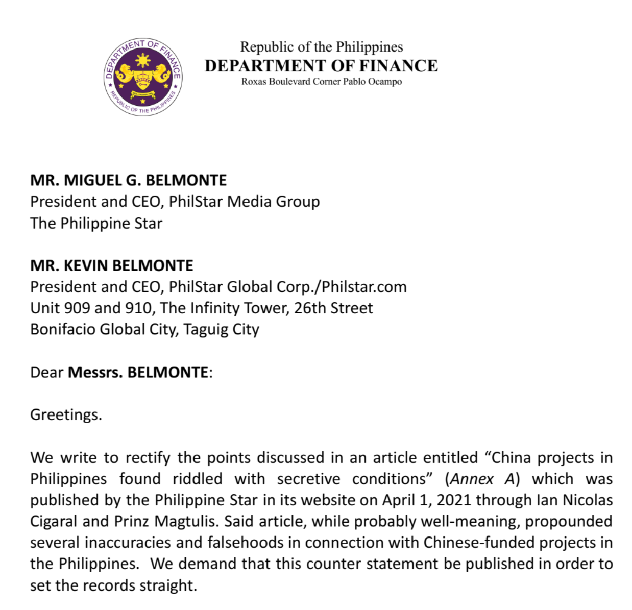 菲律宾财政部长发表声明，驳斥菲律宾媒体关于“中国在菲律宾的投资充满秘密条款”的报道，并为删除菲律宾媒体的文章表示歉意。