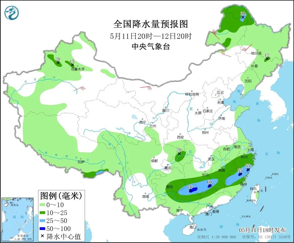 图1 全国降水量预报图（5月11日20时-12日20时）