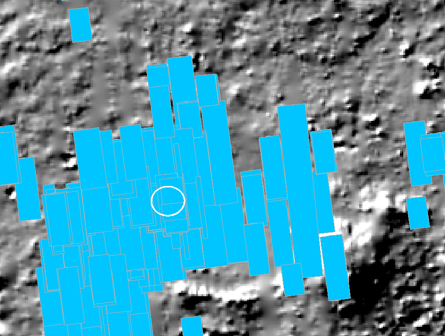 毅力号着陆区杰泽罗撞击坑一带的HiRISE影像覆盖（蓝色），每张图6公里宽，白圈为毅力号的着陆椭圆 | MRO/haibaraemily