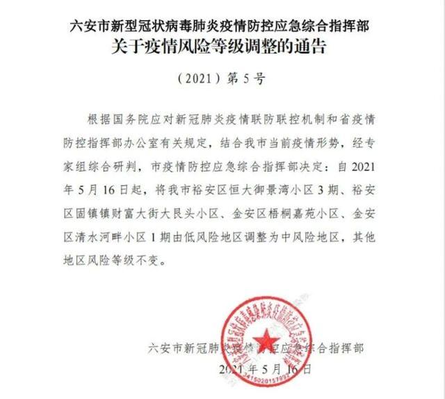 本土确诊病例5安徽省六安市又有4个小区调为中风险地区