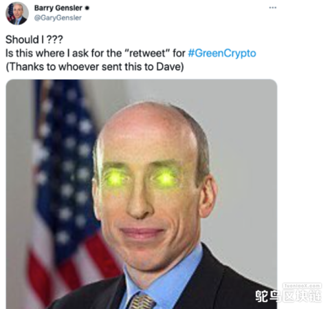 美国sec主席在推特呼吁支持绿色加密活动并制作绿色激光眼meme表情