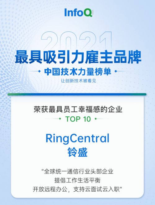 ringcentral铃盛荣获 infoq 2021最具员工幸福感企业