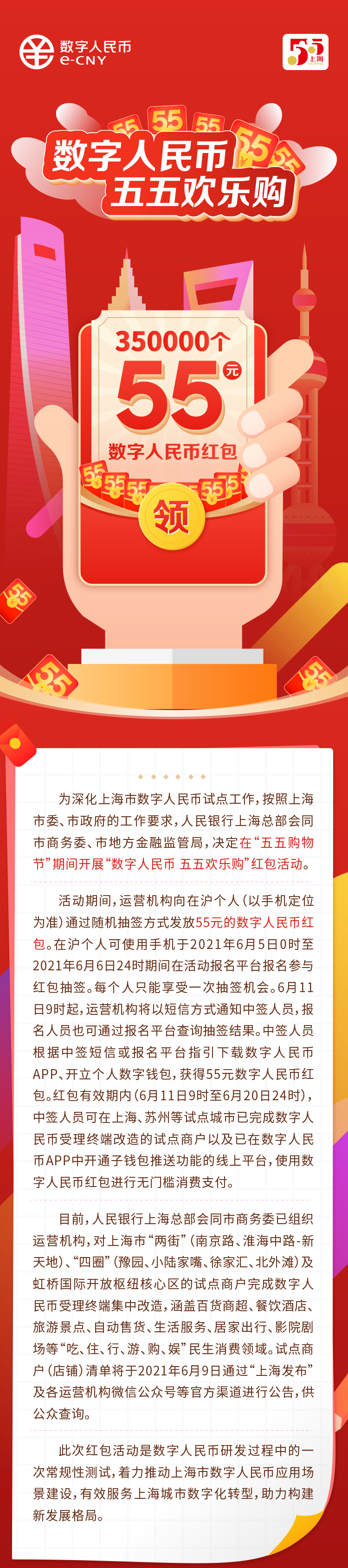 上海35万份数字人民币红包来了 每份55元