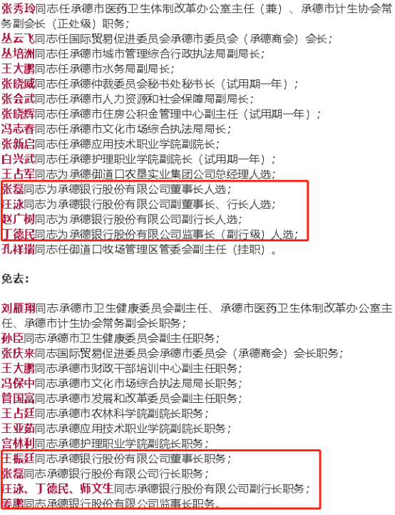 刚刚!承德银行董事长、行长同时走马上任!