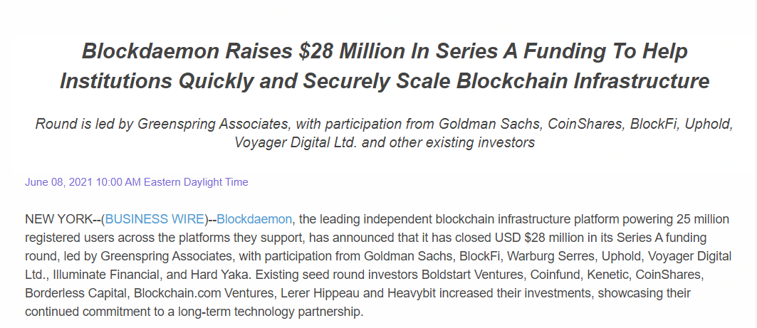 高盛再次押注区块链,斥资500万美元参与Blockdaemon首轮融资