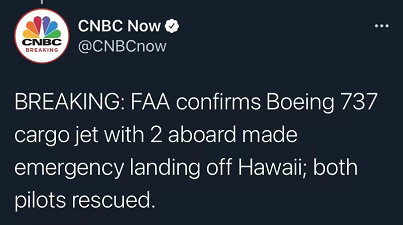 一架波音737货机紧急降落夏威夷 2名飞行员获救