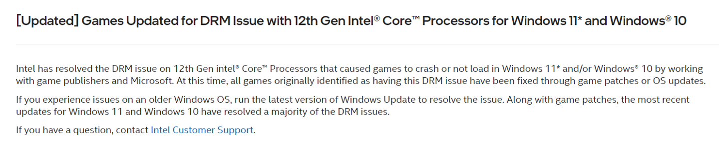 英特尔：12代酷睿处理器的游戏DRM加密兼容问题已全部解决