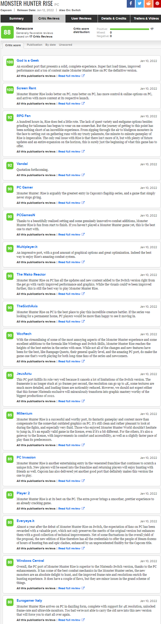 《怪物猎人：崛起》PC版媒体评分解禁 M站均分88、无差评