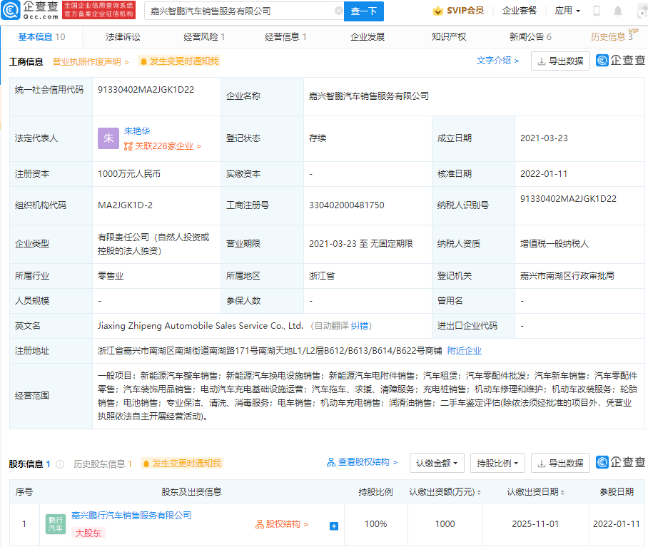 小鹏汽车转让嘉兴智鹏股权,嘉兴鹏行接盘