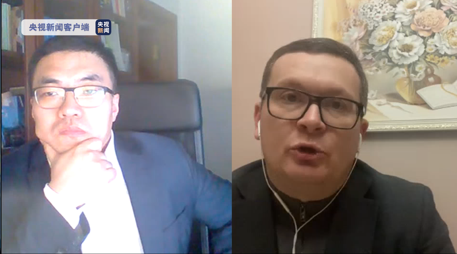 △俄乌谈判消息人士沃斯克列先斯基(右)接受总台记者采访