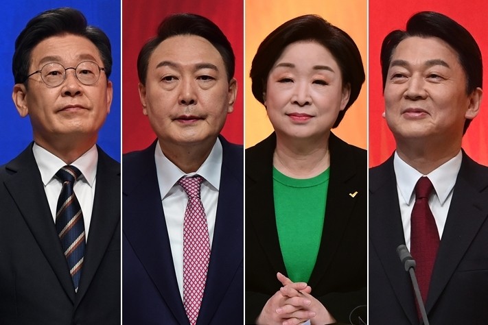 左起分别为韩国总统候选人李在明、尹锡悦、沈相奵和安哲秀