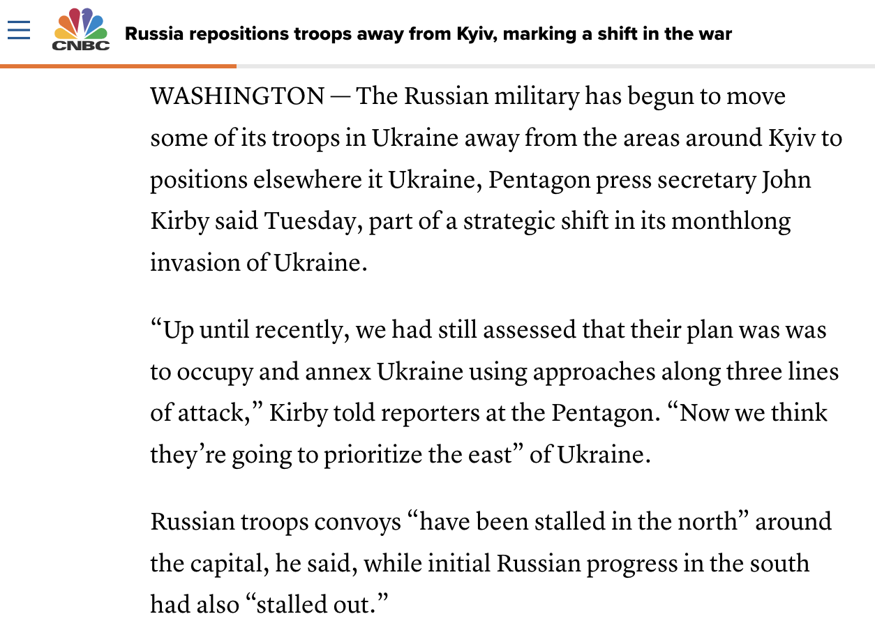 美国CNBC报道截图，五角大楼发言人柯比表示，俄军开始从基辅将部队撤离至其他位置