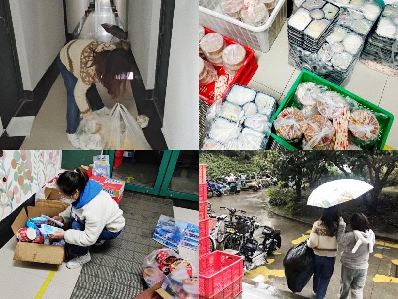 ▲校园志愿者需要为同学们送餐、分发防疫物资,并配合后勤人员回收垃圾。受访者供图
