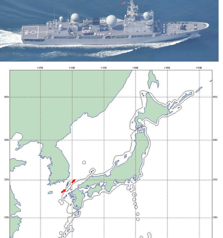日防卫省发布11日解放军侦察船穿过对马海峡进入日本海的路线。