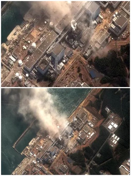 ▲2011年3月14日拍摄的卫星照片：日本福岛第一核电站3号反应堆爆炸后冒起浓烟。图片来源：新华/法新