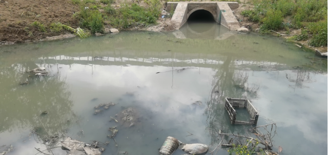4月，督察组现场督察发现，淮阴区盐河小区东侧水沟水体重度黑臭。图源生态环境部