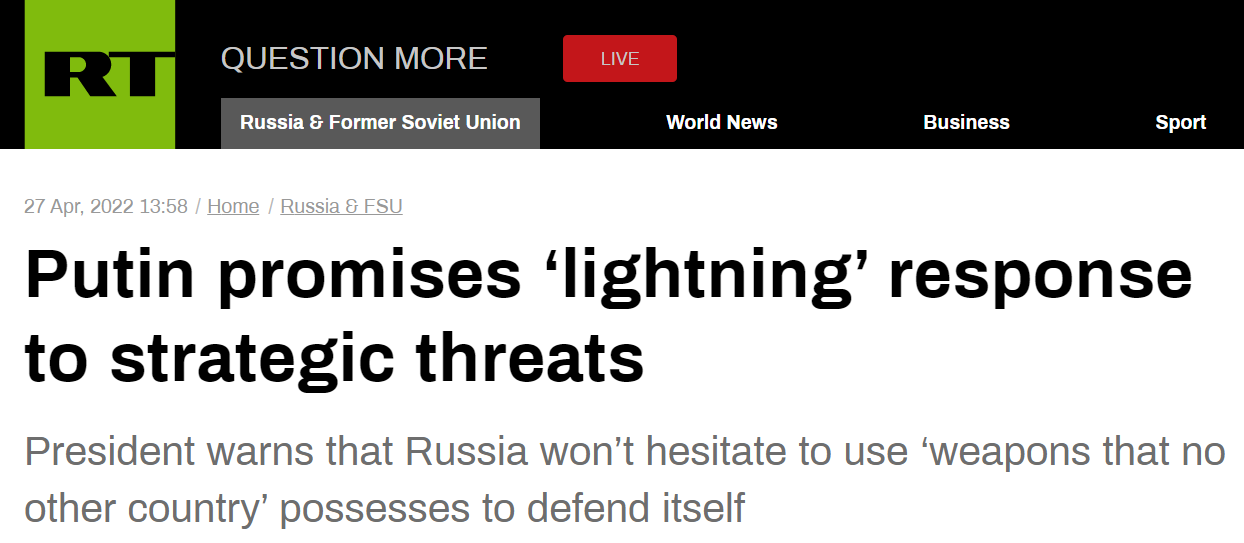 RT：普京承诺将对战略威胁作出“闪电般”反击