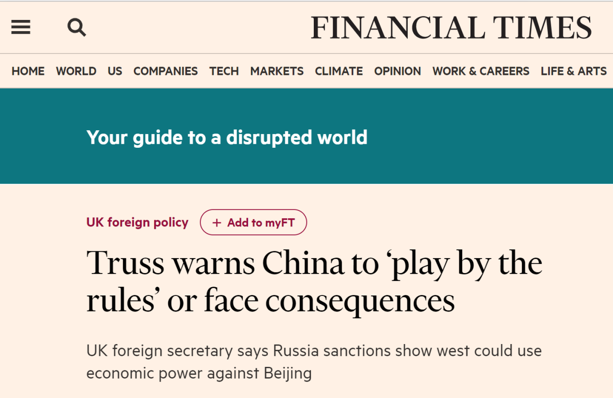 《金融时报》：特拉斯警告中国要“遵守规则”，否则将面临后果