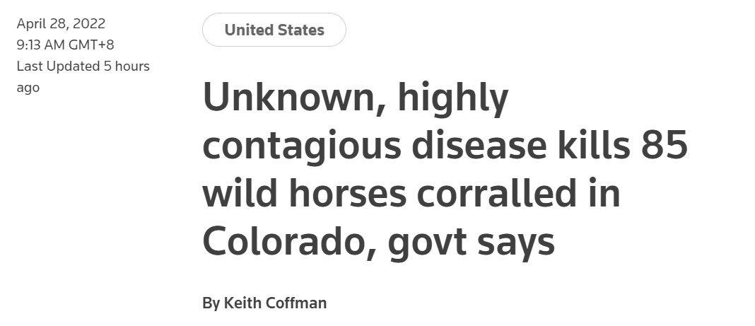路透：（美国）政府称，未知高传染性疾病杀死科罗拉多州围场内85匹野马