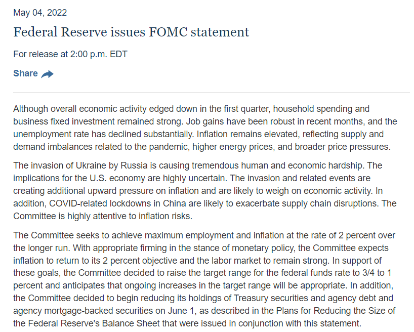 美联储FOMC决议：如期加息50个基点 明确渐进式缩表路径