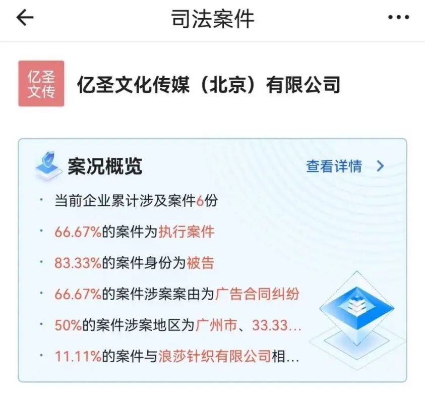 亿圣传媒涉及的司法案件 图片来源：启信宝截图