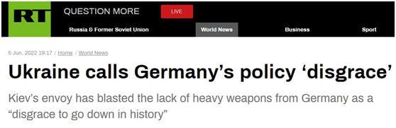 俄媒：乌克兰大使抨击德国缺乏重型武器供应是“载入史册的耻辱”