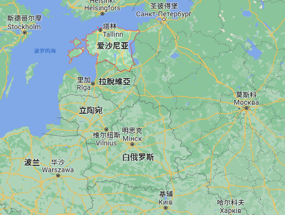 爱沙尼亚紧邻俄罗斯，谷歌地图