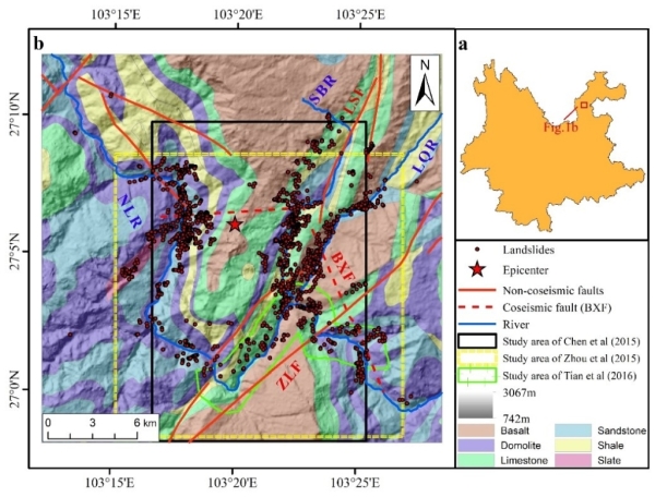 图1 鲁甸地震位置图及同震滑坡数据库