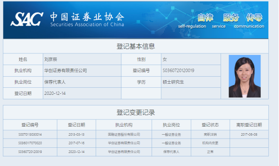 图为国融证券时任财务顾问主办人刘彦辰执业情况,目前担任华创证券保代