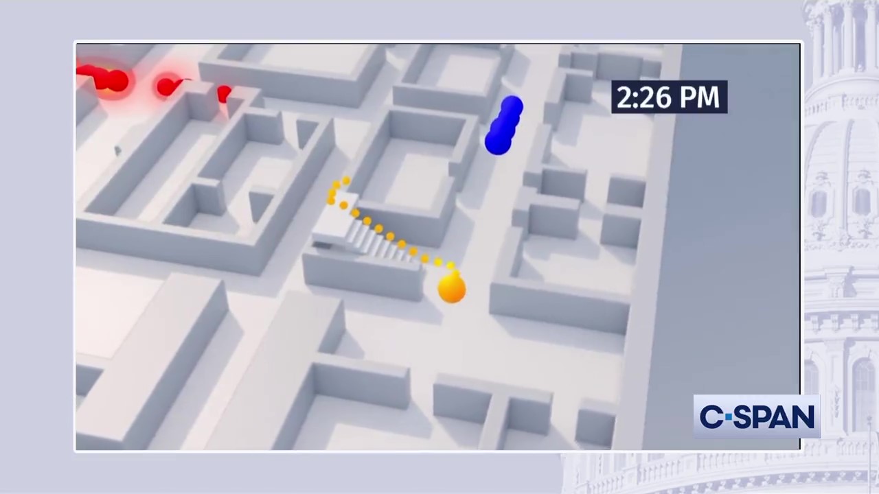 彭斯（黄色圆点）撤离时，距离暴徒（红色圆点）仅有12米之遥。图片来源：美媒C-SPAN