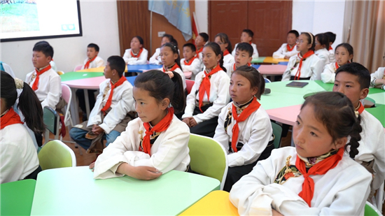 四川若尔盖达扎寺小学的同学们在大屏前听课