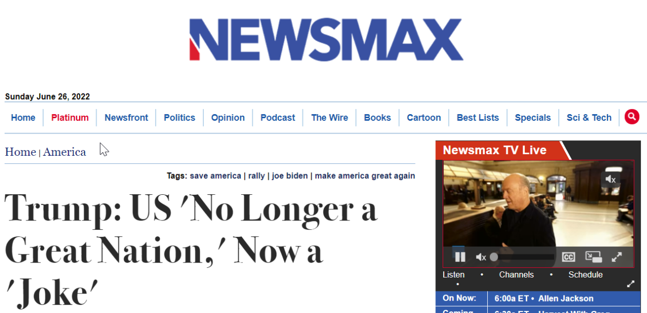 “Newsmax”:特朗普:美国“不再是一个伟大的国家”,现在“已沦为笑话”