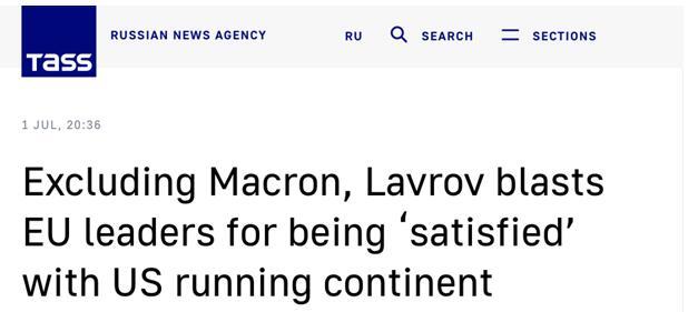 俄塔社：拉夫罗夫抨击欧盟领导层对美国领导欧洲大陆感到“满意”，除了马克龙