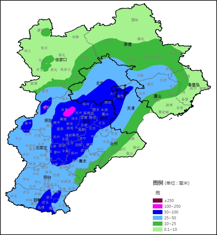 图为7月2日20时至4日20时京津冀降水量预报图