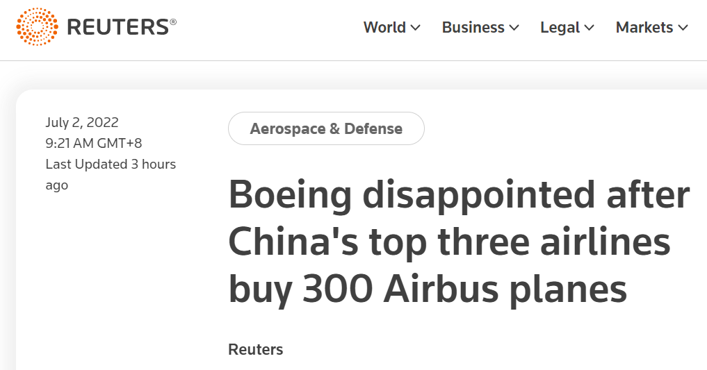 路透社:中国三大航空公司购买300架空客飞机后,波音公司表示失望