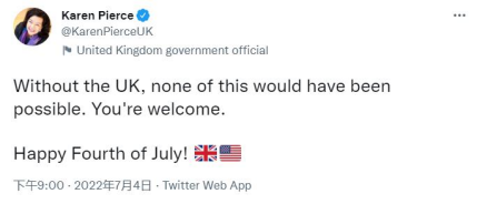 英國駐美國大使凱倫·皮爾斯推特截圖