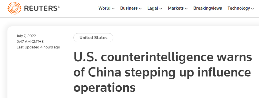 路透社报道截图:美国国家反情报和安全中心警告小心中国“影响力行动”
