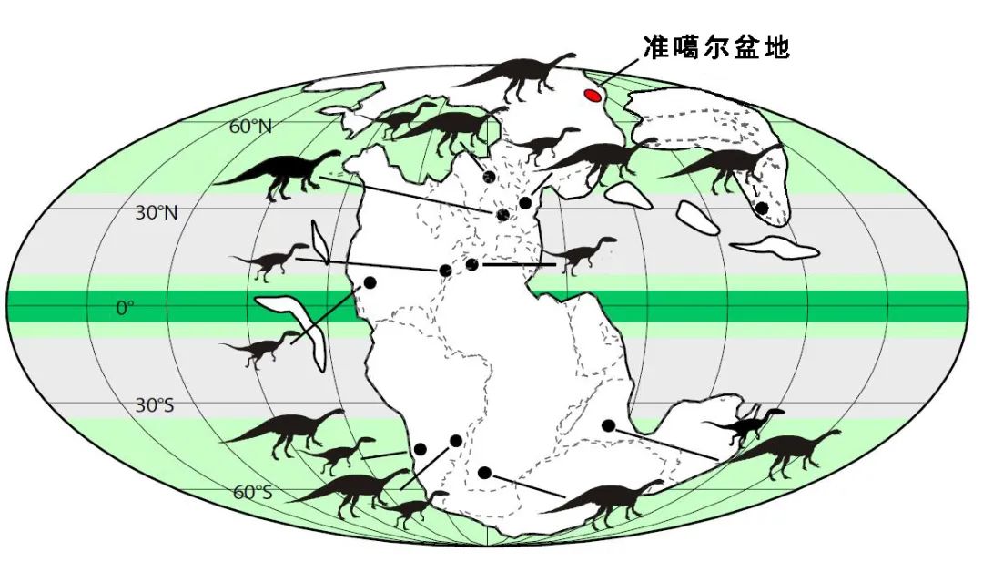 2亿年前恐龙分布图及准噶尔盆地古地理位置。（中科院南京地质古生物研究所供图）