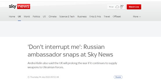 英国天空新闻网：俄罗斯大使对天空新闻斥责，“不要打扰我”