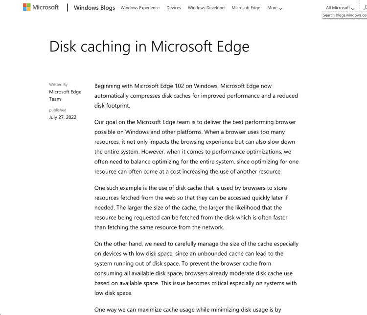 微软：Edge浏览器已内置磁盘缓存压缩技术