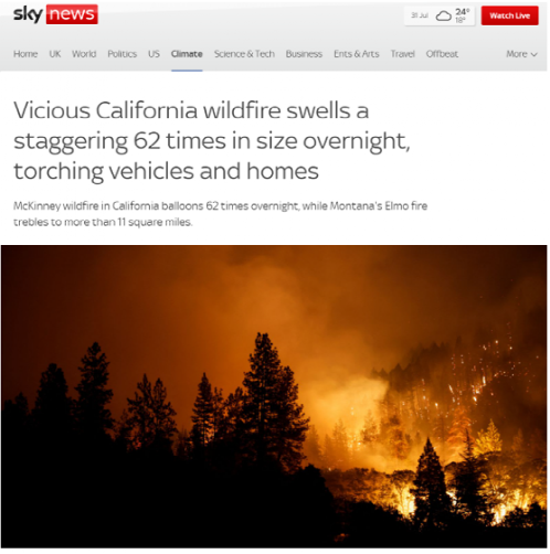 外媒：美国加州一处山火“在一夜之间扩大62倍”