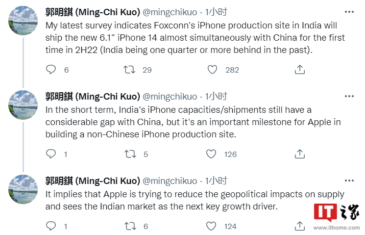 郭明錤：印度或将首次与中国同时出货iPhone 14