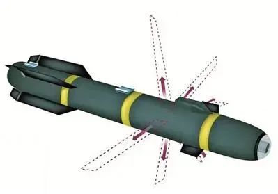 R9X“地狱火”空对地导弹示意图。虚线部分为打开后的折叠刀刃