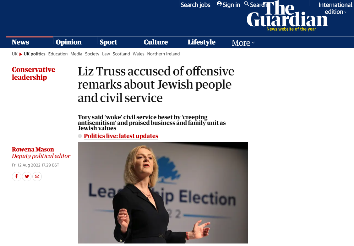 英国《卫报》：利兹·特拉斯被指控对犹太人和政府工作人员发表冒犯性言论