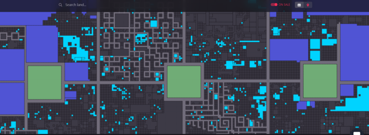Decentraland地图(蓝色标记为正在售卖)图片来源:Decentraland官网