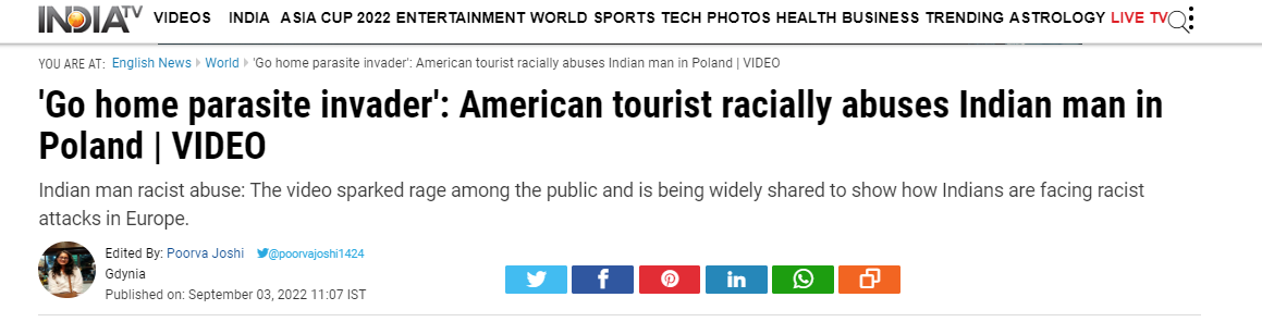 印度电视台：美国游客在波兰对印度人发表种族歧视言论，“回家吧，寄生虫入侵者”